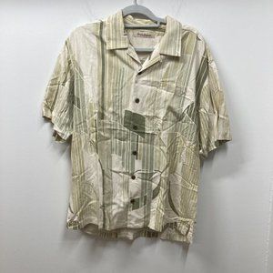 Tommy Bahama tan green printed silk button up top large